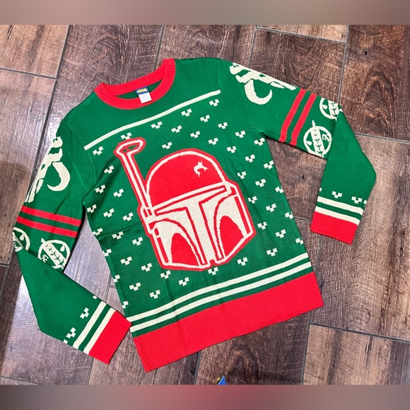STAR WARS Boba‎ Fett Green Red Winter Sweater Mando Mandalorian - Picture 2 of 6